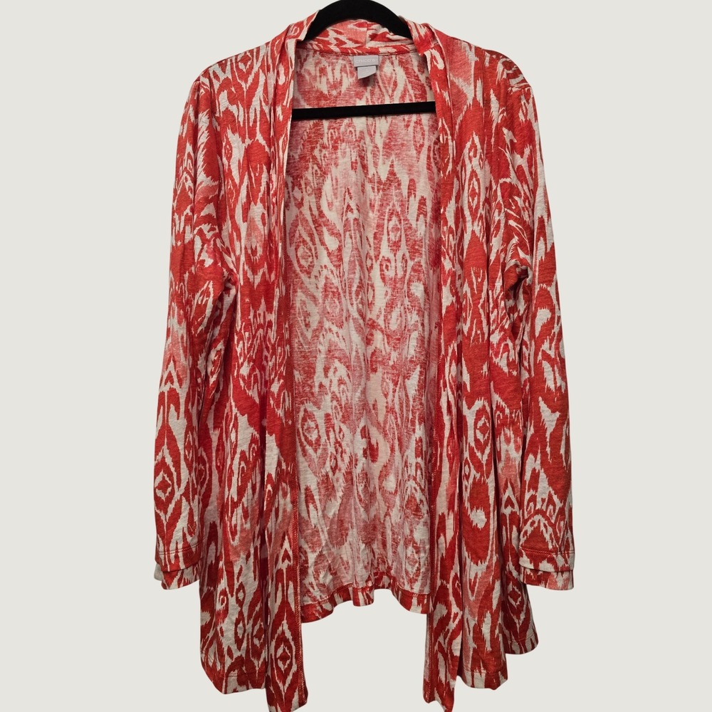 Chico's 100% Linen Ikat Cardigan XL 3 Red White Open Front Boho Coastal Resort